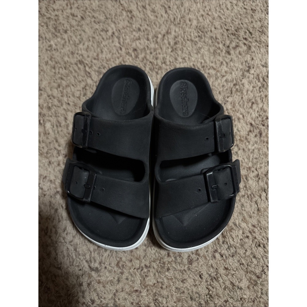 Skechers Sandals Sliders Boys Girls Kids Sz 11 Black White Beach Summer